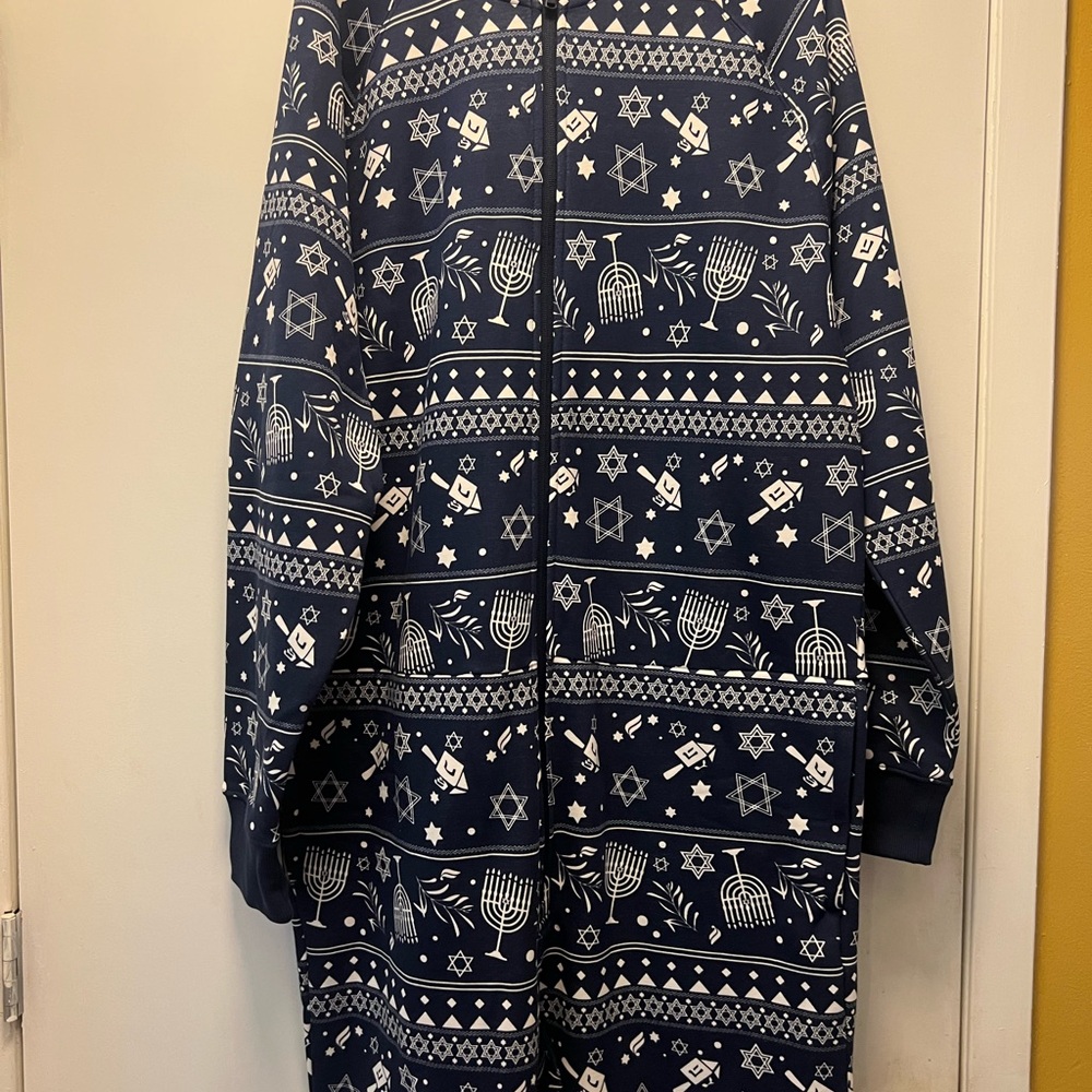 Fabletics Navy and White Hanukkah Zip-Up Onesie
